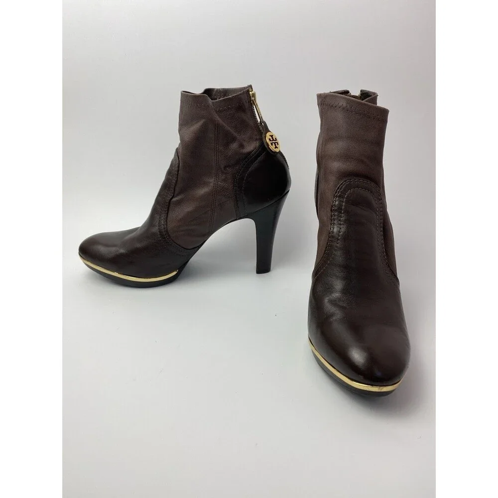 Tory Burch Brown Soft Leather Boots 9.5 M Back Zip Gold Logo & Toe Rim